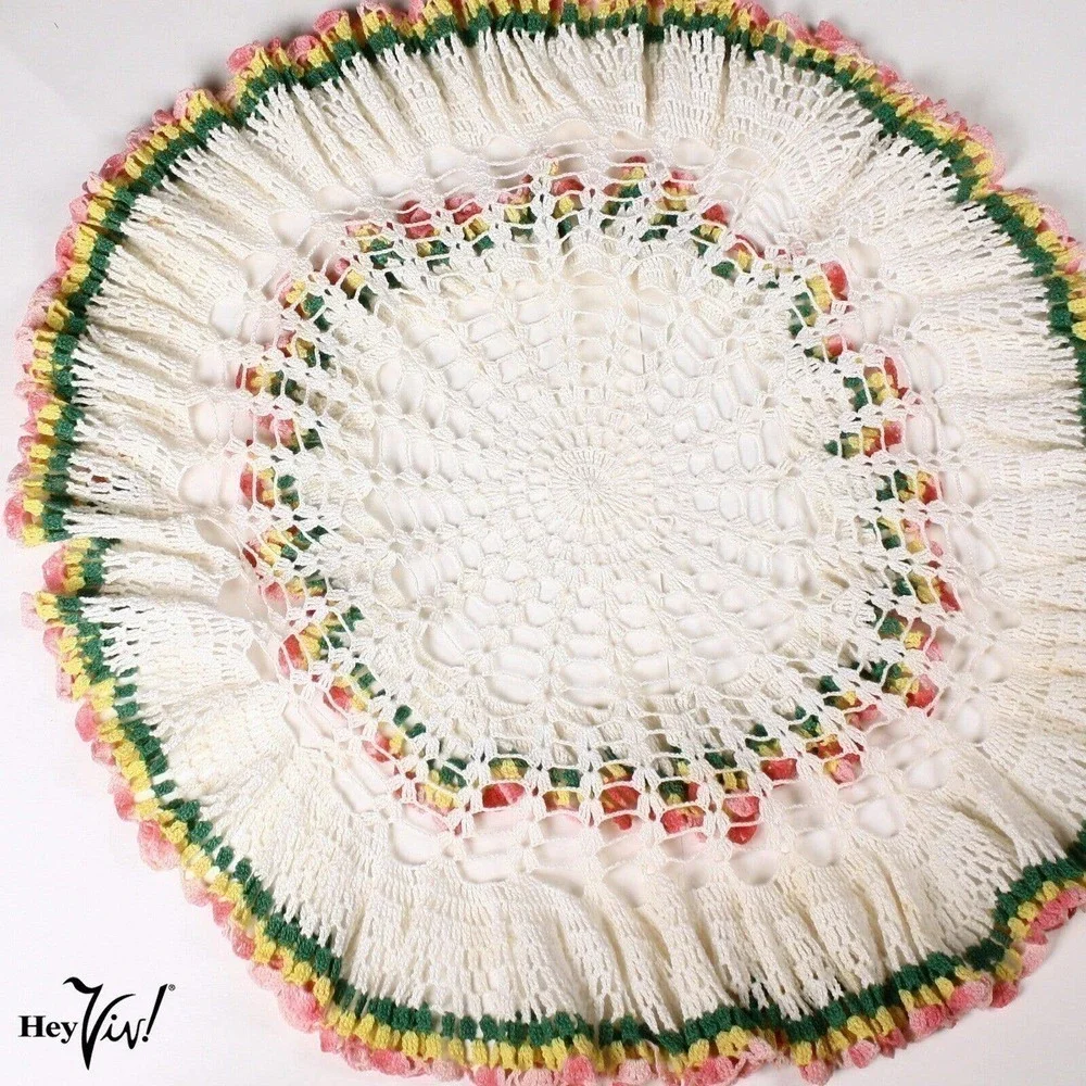 Vintage Cotton Crochet Table Cloth Topper Hand Made Ruffle Rainbow Edge -Hey Viv